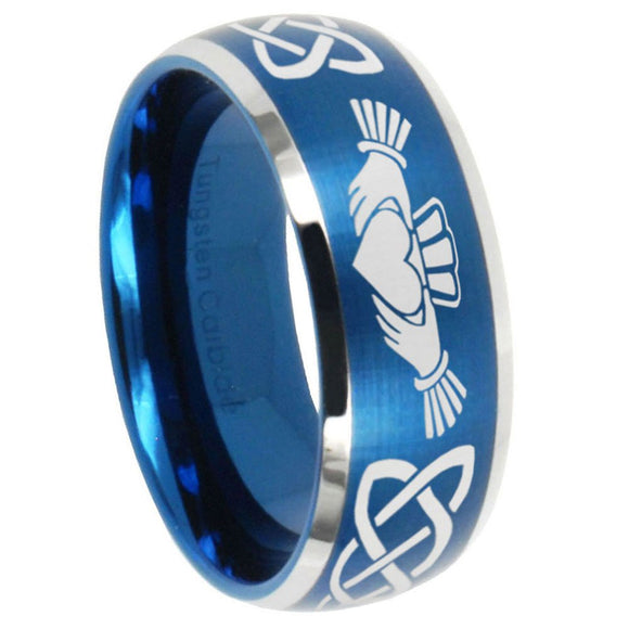 8mm Irish Claddagh Dome Brushed Blue 2 Tone Tungsten Carbide Mens Ring Personalized