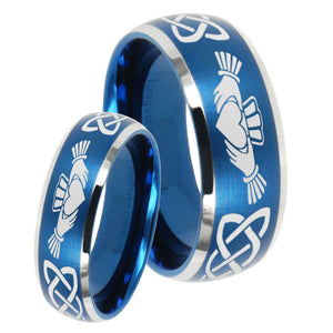His Hers Irish Claddagh Dome Brushed Blue 2 Tone Tungsten Mens Wedding Ring Set