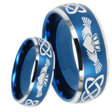 8mm Irish Claddagh Dome Brushed Blue 2 Tone Tungsten Carbide Mens Ring Personalized