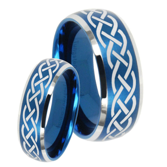 His Hers Celtic Knot Dome Brushed Blue 2 Tone Tungsten Men's Ring Set