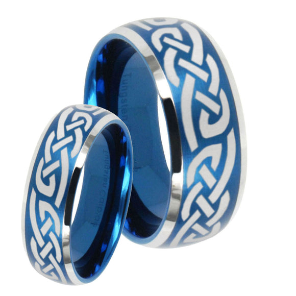 His Hers Celtic Knot Infinity Love Dome Brushed Blue 2 Tone Tungsten Men's Ring Set