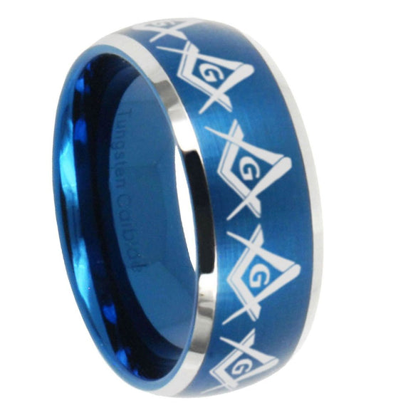 8mm Masonic Square and Compass Dome Brushed Blue 2 Tone Tungsten Mens Promise Ring