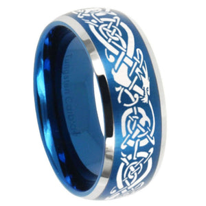 8mm Celtic Knot Dragon Dome Brushed Blue 2 Tone Tungsten Men's Band Ring