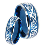 His Hers Celtic Knot Dragon Dome Brushed Blue 2 Tone Tungsten Mens Bands Ring Set