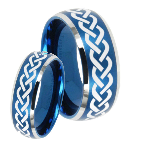 His Hers Laser Celtic Knot Dome Brushed Blue 2 Tone Tungsten Men's Ring Set