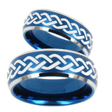 His Hers Laser Celtic Knot Dome Brushed Blue 2 Tone Tungsten Men's Ring Set