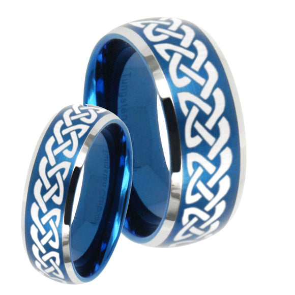 His Hers Celtic Knot Love Dome Brushed Blue 2 Tone Tungsten Men's Ring Set